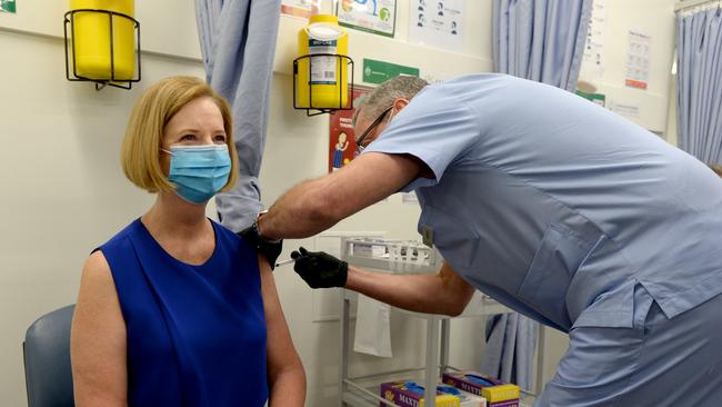 Former prime minister Julia Gillard receives her Astrazenica vaccine at the Carrum Downs Respiratory Clinic. Picture: Andrew Henshaw