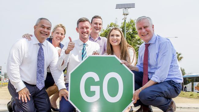 It’s go for light rail: Mayor Tom Tate, Angie Bell MP, Transport Minister Mark Bailey, Sam O'Connor MP, Meaghan Scanlon MP and Depty Prime Minister of Australia, Michael McCormack. Picture: Jerad Williams