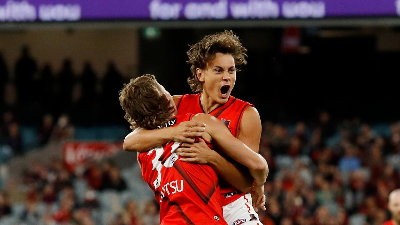 Tex Wanganeen celebrates his first AFL goal. Picture: Getty Images