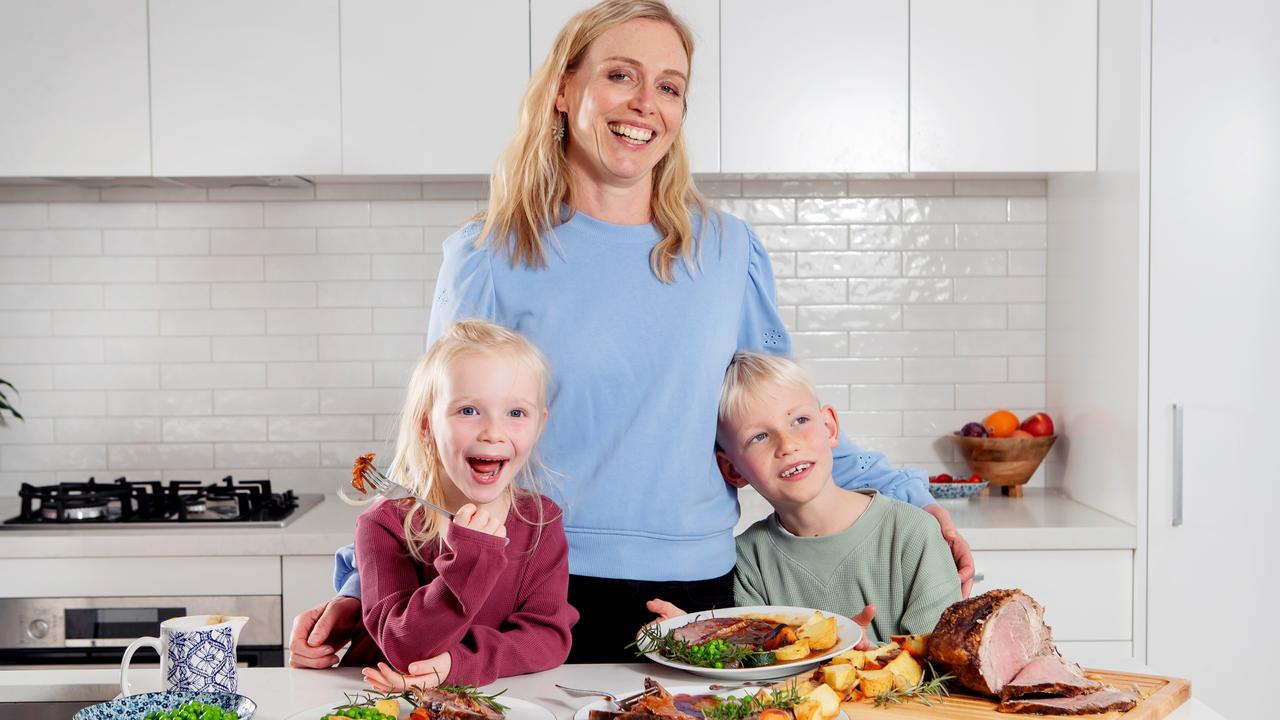 Katie Date, with children Harvey, 7, and Matilda, 4, says her family is "always looking for affordable cuts of meat to cook up as the weather cools down". Picture: Rebecca Michael