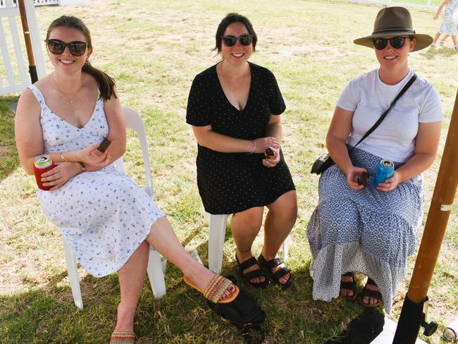 Emily Robinson, Abbey McColl and Sharli Hams having an action-packed day at the Ladbrokes Stony Creek Cup on Sunday, March 09, 2025. Picture: Jack Colantuono