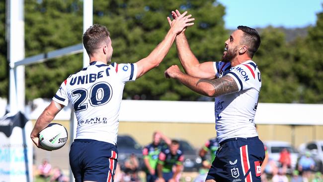 Sam Walker celebrates a try for the Roosters. Picture: David Hossack/NRL Photos