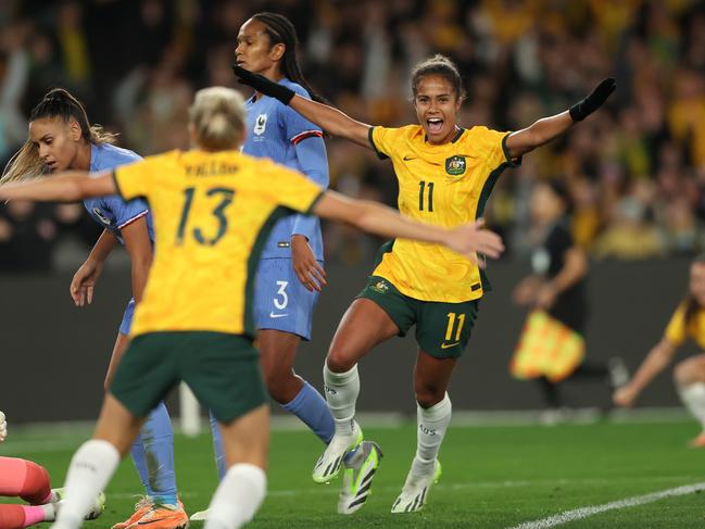 MELBOURNE, AUSTRALIA - JULY 14: Mary Fowler of the Matildas celebrates scoring a goal during the International Friendly match between the Australia Matildas and France at Marvel Stadium on July 14, 2023 in Melbourne, Australia. (Photo by Robert Cianflone/Getty Images)