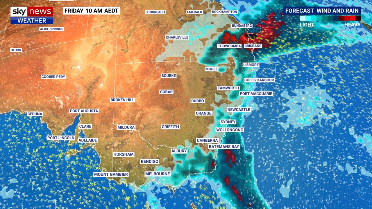 Friday could see rain remaining in NSW but heavier falls zeroing in on south east Queensland. Picture: Sky News Weather.