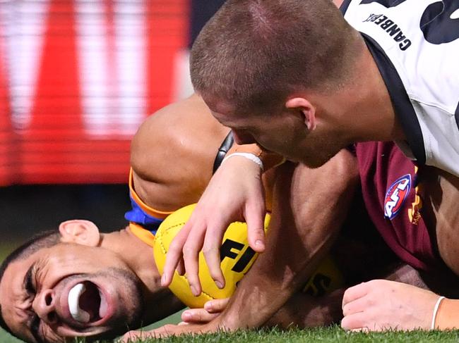 Charlie Cameron of the Lions reacts after taking a mark during the Second Semi Final match between the Brisbane Lions and the Greater Western Sydney Giants during week 2 of the AFL Finals Series at the Gabba in Brisbane, Saturday, September 14, 2019. (AAP Image/Darren England) NO ARCHIVING, EDITORIAL USE ONLY