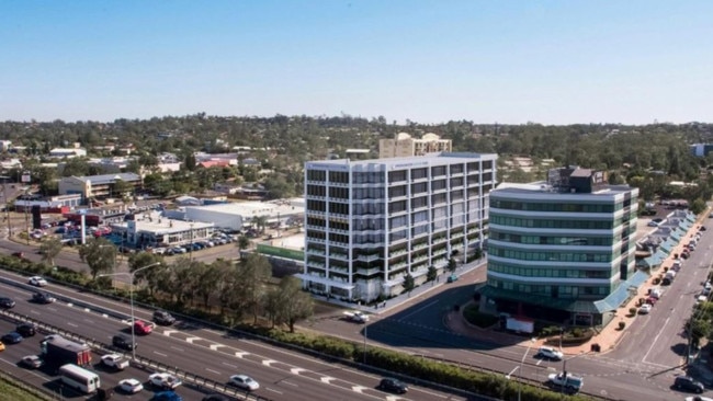 An artist’s impression of the Springwood health hub, on Paxton St, pictured on the left, next to the existing Shine Lawyers building on the right.