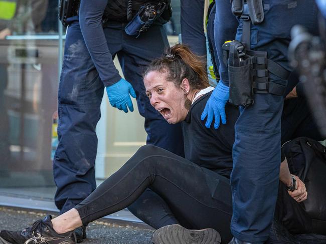 A woman screams as police arrest her. Picture: Jason Edwards