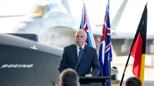 Peter Dutton addresses the audience at a Ghost Bat naming ceremony at the RAAF Base Amberley, Queensland. Picture: Department of Defence