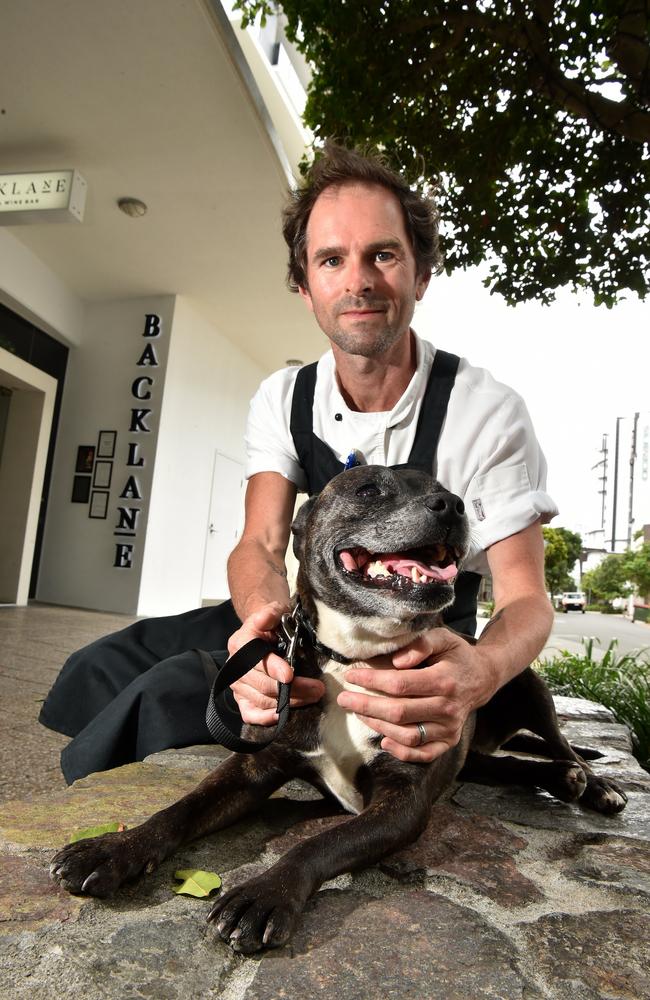 Mooloolaba chef Nathan Rumble has to take his dog 'Gypsy' to work because she is terrified of storms.