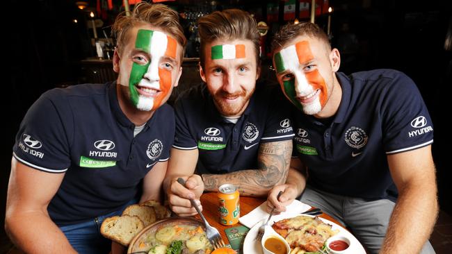 Carlton’s Irish connection Ciaran Byrne, Zach Touhy and Ciaran Sheehan. Picture: Nicole Cleary