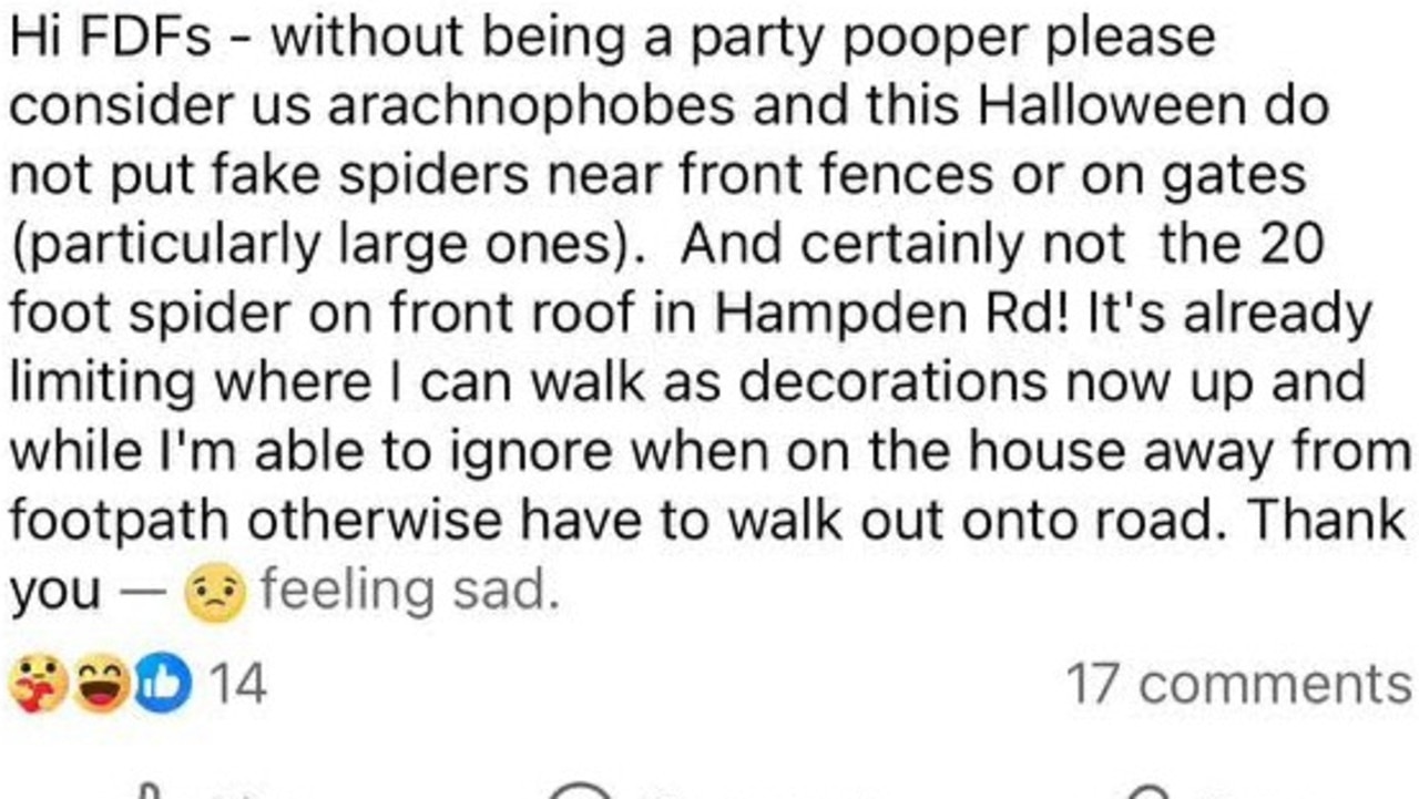 Screenshot of a social media post where a resident in Hampden Road Five Dock has been asking people on social media to stop putting up spiders as Halloween decorations due to her arachnophobia.