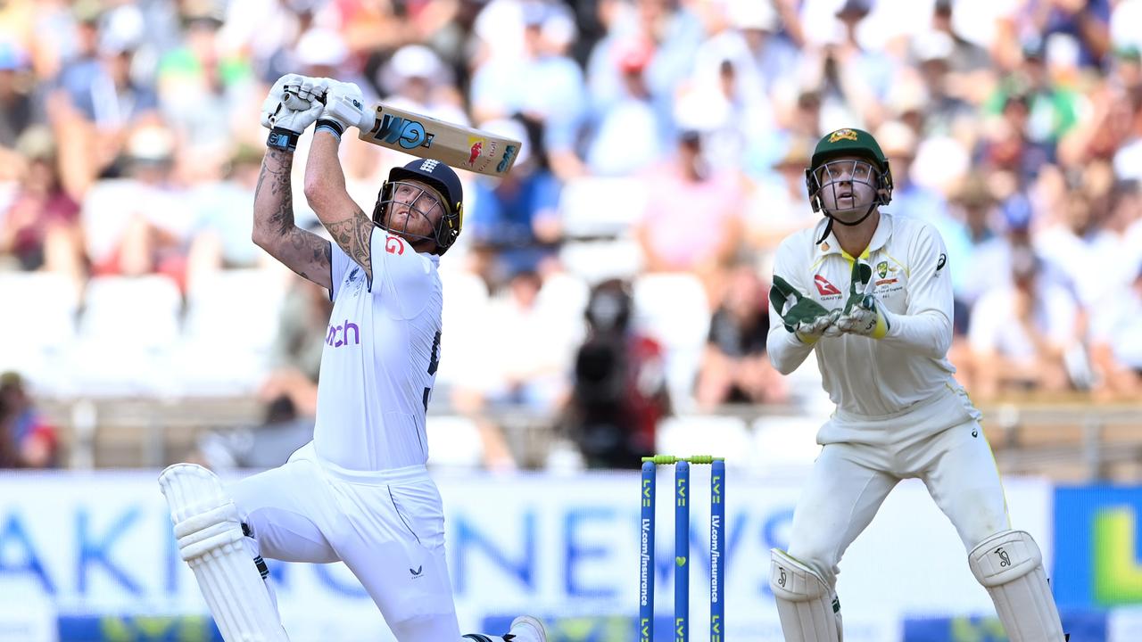 England captain Ben Stokes thumps another mighty shot during his inspirational counterattacking knock. Picture: Getty