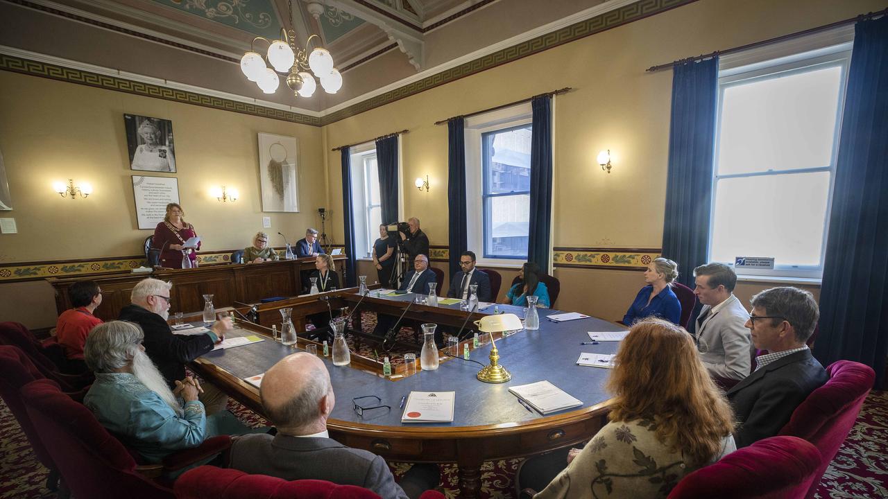 City of Hobart Councillors, Lord Mayor Anna Reynolds, Deputy Lord Mayor Helen Burnet, Marti Zucco, Bill Harvey, Simon Behrakis, Mike Dutta, Zelinda Sherlock, Ben Lohberger, Ryan Posselt, Louise Bloomfield, Louise Elliot, John Kelly at a special swearing in ceremony. Picture: Chris Kidd