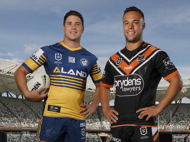 L-R, Mitchell Moses and Luke Brooks  playing in the first ever game at BankWest Stadium. Pictures - Chris Pavlich for The Daily Telegraph