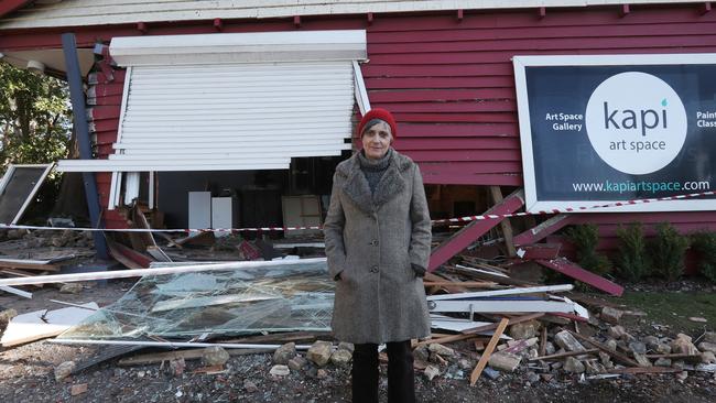 Kapi Art Space owner Heather Bradbury outside her destroyed gallery. Picture: NCA NewsWire / David Crosling