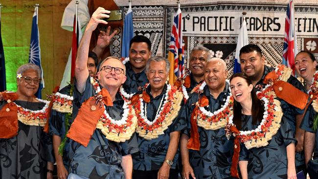 Anthony Albanese takes a selfie with fellow leaders during the 2022 Pacific Islands Forum in Suva. Picture: AFP