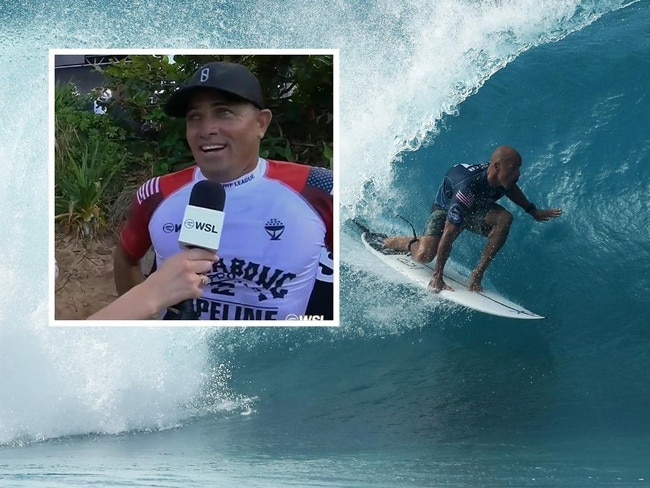 Kelly Slater speaks immediately after leaving the water. Photo: World Surf League.