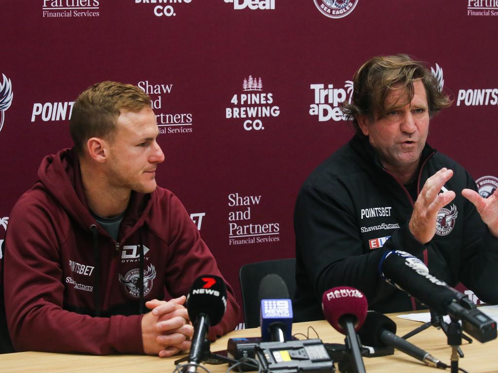 Daly Cherry-Evans and Des Hasler addressing the media following the Pride jersey debacle. Picture: NCA Newswire / Gaye Gerard