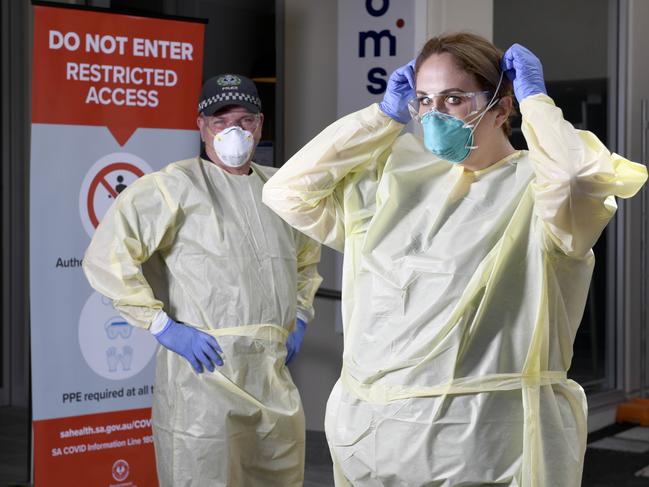 ADELAIDE, AUSTRALIA - February 12 2021 - Acting inspector Bryce Wood and nurse unit manager Nikki Clark who will be working at the new Tom's Court Hotel COVID-19 facility where sick coronavirus patients will recover. It will open on Monday. Picture: Naomi Jellicoe