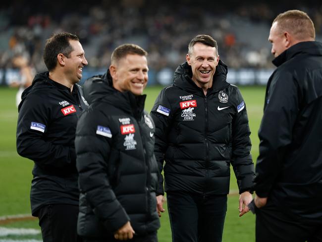 Hayden Skipworth, Brendon Bolton, Craig McRae and Justin Leppitsch after a win over Carlton in 2023. Picture: Michael Willson/AFL Photos via Getty Images.