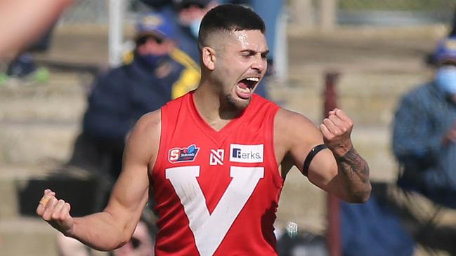 Robbie Young kicks a goal for North Adelaide in 2021. Picture Dean Martin