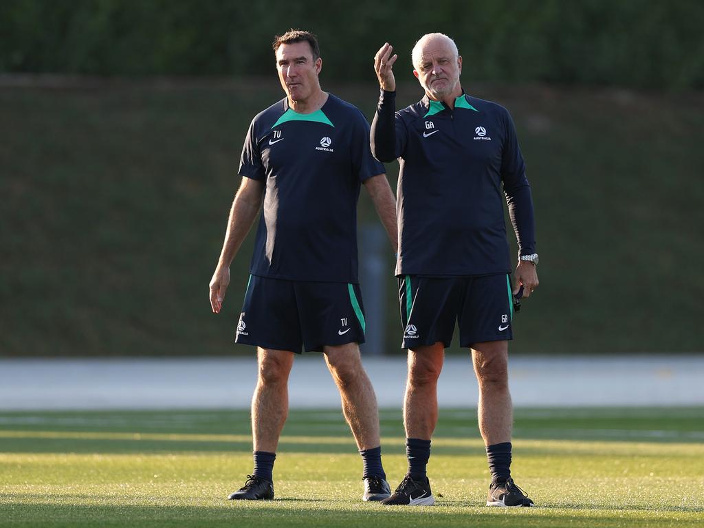 Socceroos coach Graham Arnold (right) and assistant Tony Vidmar plot Australia’s path to Asian Cup glory. Picture: Robert Cianflone/Getty Images