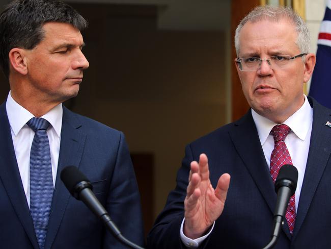 Minister for Energy Angus Taylor with PM Scott Morrison announcing the power plan. Picture: Gary Ramage