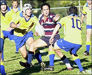  Casino halfback Jay Ruwhiu attempts to control the Southern Cross University defence in their round 15 FNC clash at Crozier Fi