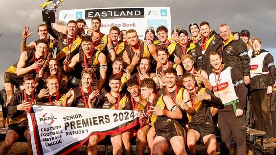 EFNL 2024: Mitcham celebrates back-to-back flags in Division 1. Picture: Leesa Clarkson