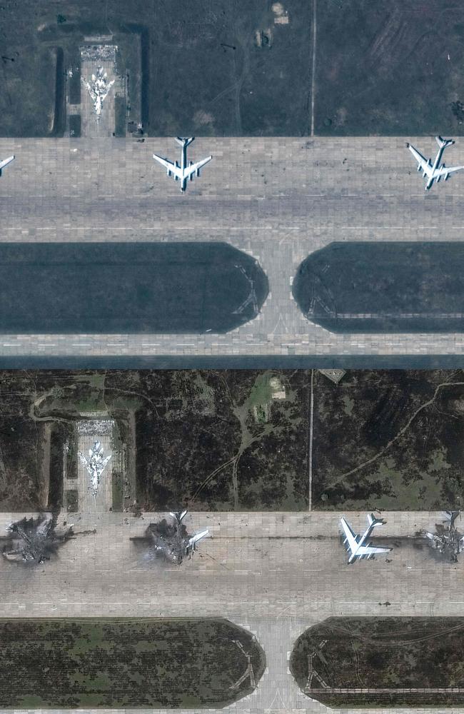 This combination made on June 4, 2025 from handout satellite picture courtesy of Maxar Technologies released on June 4, 2025 shows Tupolev Tu-22 aircraft before and after the drone strike at Olenya Airbase in the Murmansk region, Russia. Picture: Satellite image Â©2025 Maxar Technologies / AFP