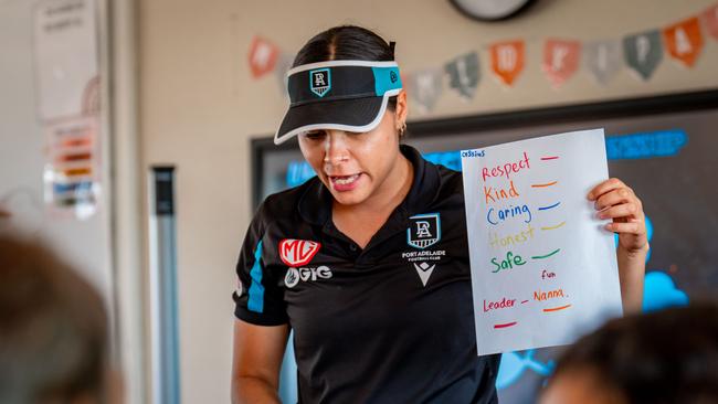 Christine Glenn who designed the Power Community Limited's APY Lands presentation in the classrooms, runs a session with students at Indulkana Anangu School. Credit: Michael Sullivan.