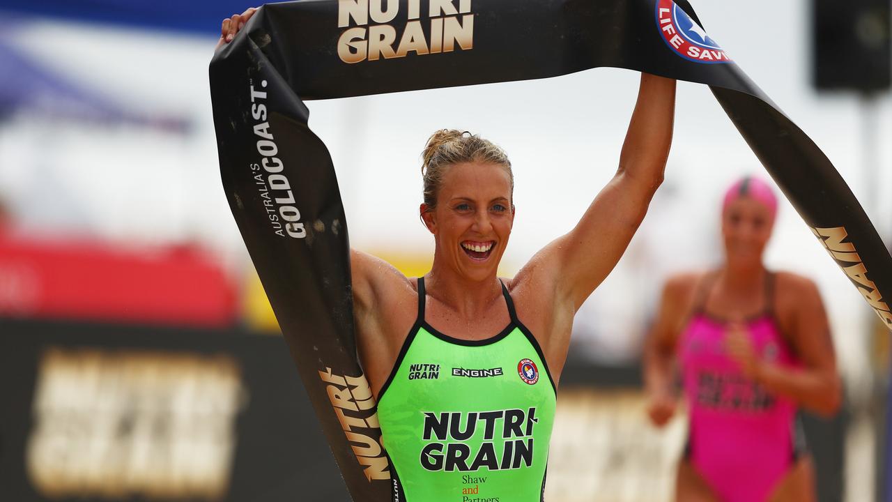 Georgia Miller celebrates winning round five of the Nutri-Grain ironwoman series.