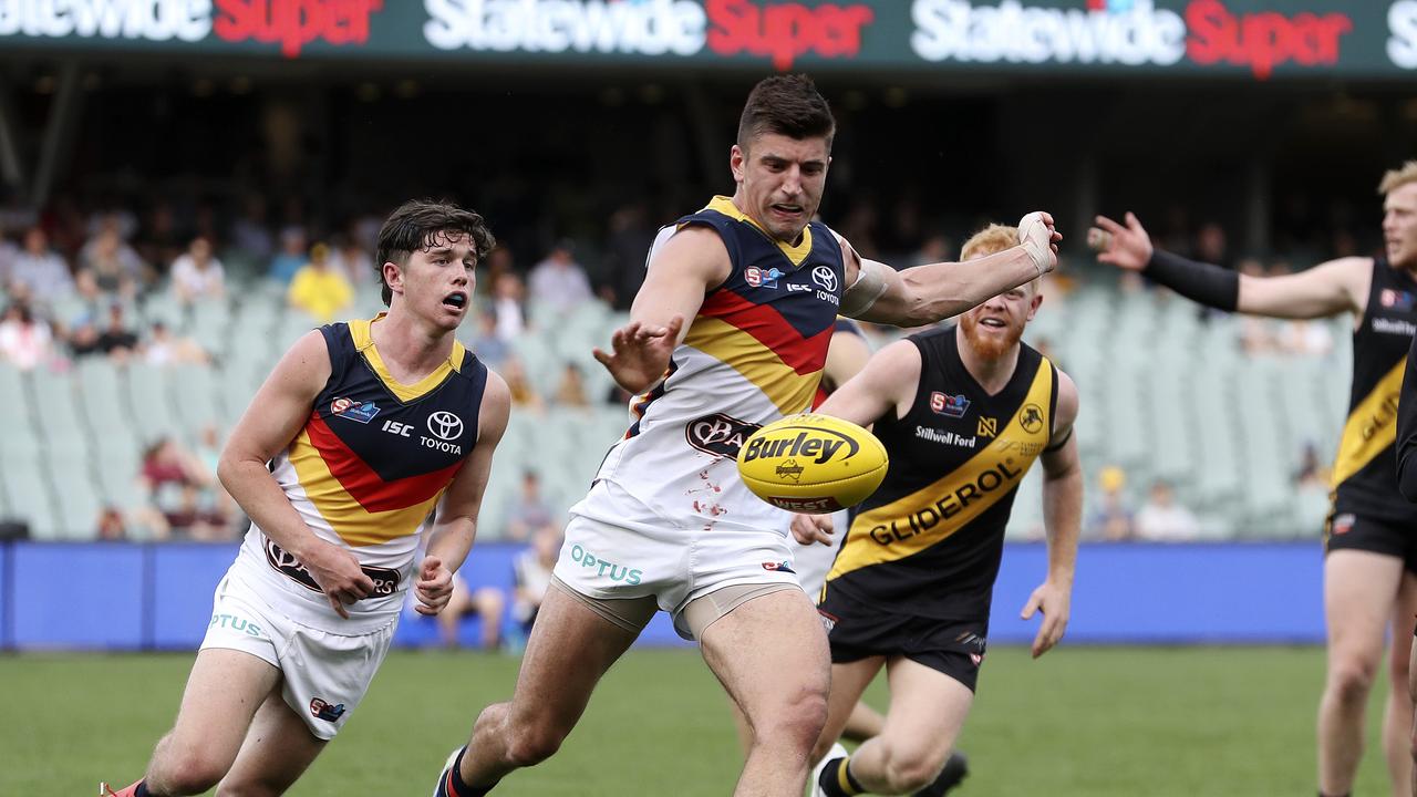 SANFL – PRELIMINARY FINAL – Glenelg v Adelaide Crows at Adelaide Oval. Patrick Wilson gets his kick away Picture SARAH REED