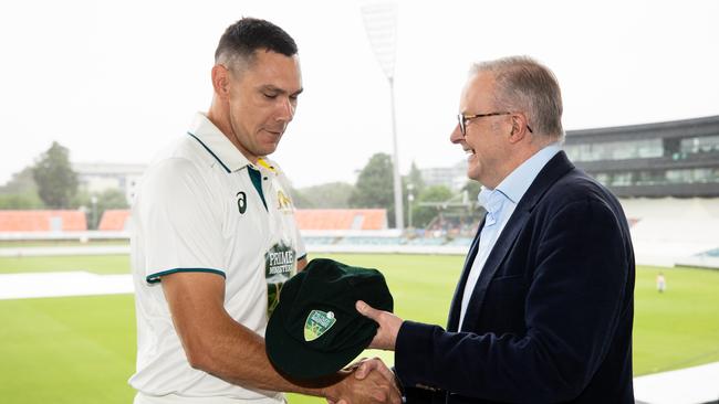 CANBERRA, AUSTRALIA - NOVEMBER 30: Scott Boland of the PM's XI is pictured with Australian Prime Minister Anthony Albanese before day one of the tour match between Prime Minister's XI and India at Manuka Oval on November 30, 2024 in Canberra, Australia. (Photo by Mark Nolan/Getty Images)