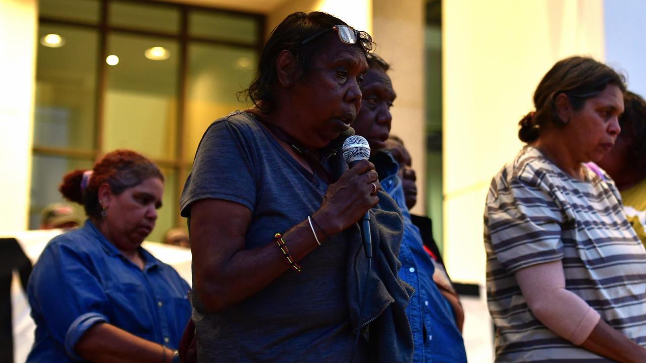 Warlpiri community leader Valerie Napaljarri Martin spoke outside the NT Parliament on Wednesday during a vigil for Kumanjayi White, a 24-year-old Yuendumu man with a disability who died after being restrained by police in the Alice Springs Coles. Picture: Zizi Averill