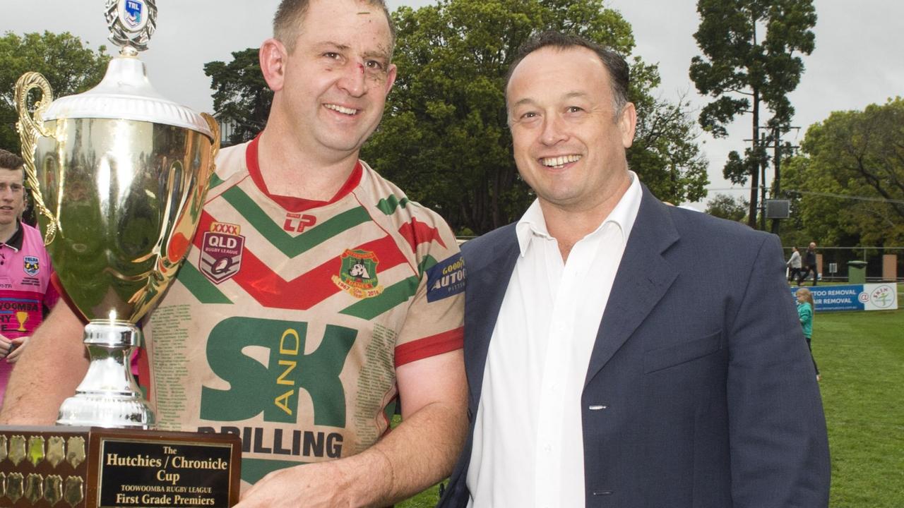 Matthew Briggs, Pittsworth captain with Nick Barker from Hutchinson Builders. TRL Grand Final Pittsworth Danes vs Warwick Cowboys. Saturday Sep 17, 2016.