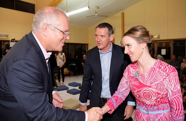 Prime Minister Scott Morrison greets Ms O'Brien and Mr Gunner at the Leanyer Buddhist Temple earlier this year. Picture: Keri Megelus