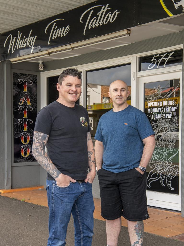 Scott Hornery (left) and Ben Smith have opened Whisky Time Tattoo in Ruthven St. Picture: Nev Madsen.