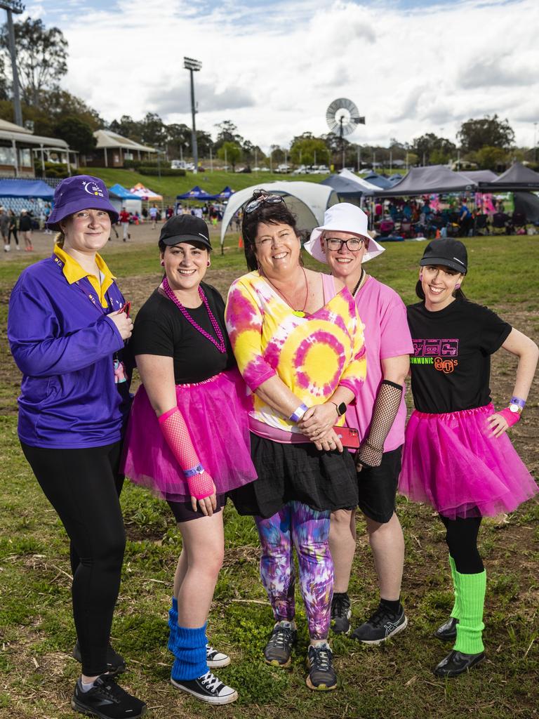 Members of the Miracle Misfits (from left) Rachel Timms, Brooke Chapman, Julie Fraser, Jodie Rigby and Danielle Chapman at the Relay for Life at Toowoomba Showgrounds, Saturday, September 10, 2022. Picture: Kevin Farmer