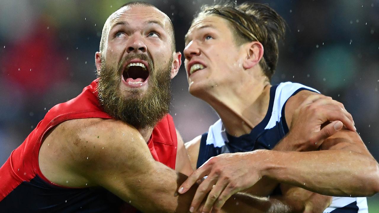 Max Gawn still wasn’t quite at his devastating best as Cats big man Rhys Stanley manned him tight. Picture: Getty Images