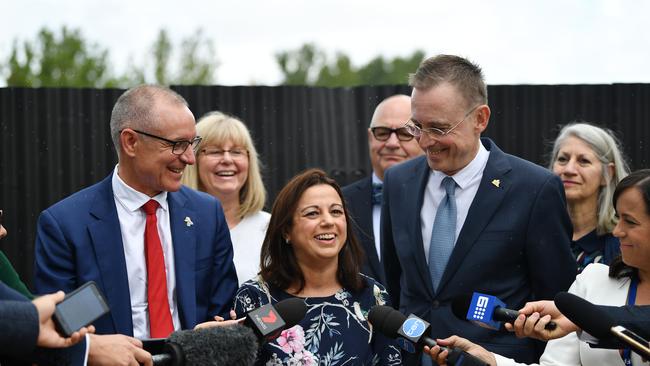 SA Premier Jay Weatherill, Adelaide City councillor Natasha Malani and Adelaide Lord Mayor Martin Haese speak to the media after announcing the purchase of the former Le Cornu site in North Adelaide. AAP Image/David Mariuz.