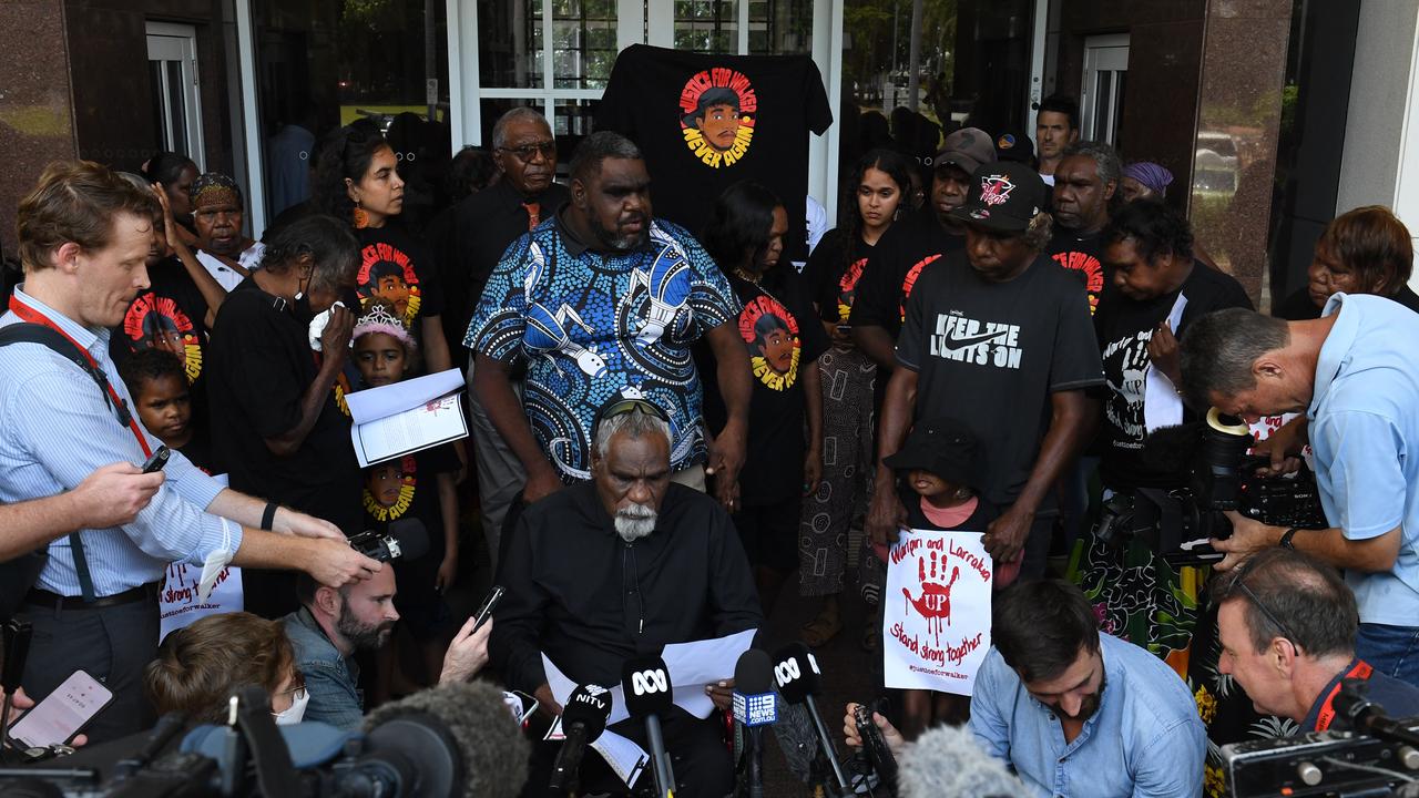 Yuendumu Elder Ned Jampijinpa Hargraves gives a statement on the steps of NT Supreme Court. Picture: (A)manda Parkinson