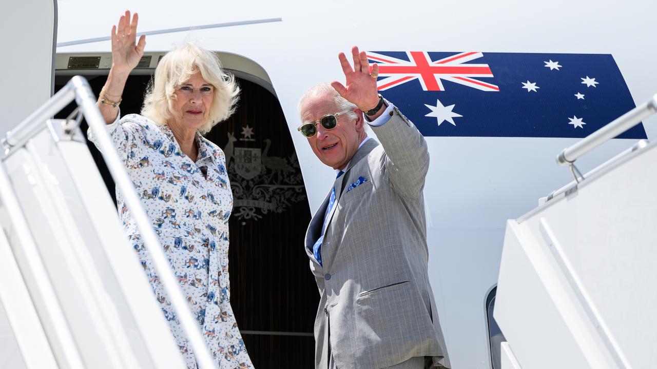 King Charles III and Queen Camilla bid farewell at Sydney Airport on October 23, 2024. Picture: Bianca De Marchi-Pool/Getty Images