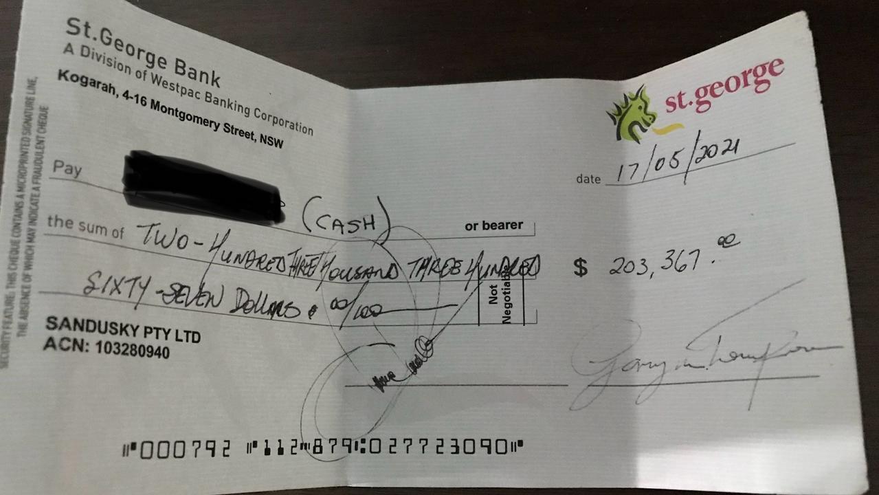 One of the cheques Varas wrote for the victims, which was also signed off by her defacto partner and his IT business Sandusky. The cheque of more than $200,000 bounced. Picture: Supplied