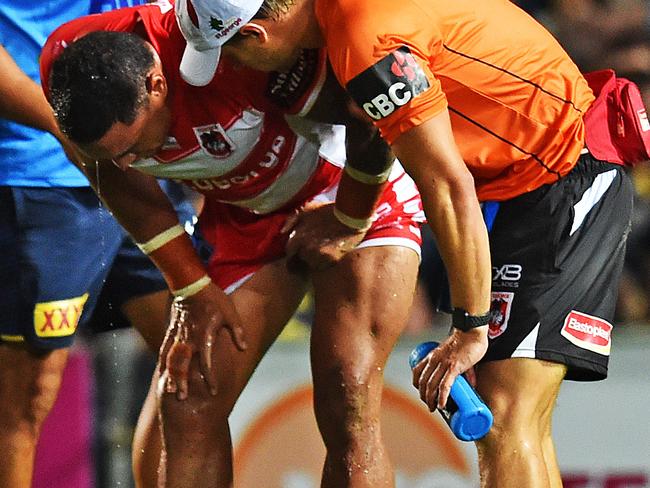 Round 1 game of the NRL Telstra Premiership between the North Queensland Cowboys v St George Illawarra Dragons from 1300 Smiles Stadium, Townsville.  Dragons Tyson Frizell in the hands of the trainer after colliding with Cowboys player Jordan Kahu.  Picture: Zak Simmonds