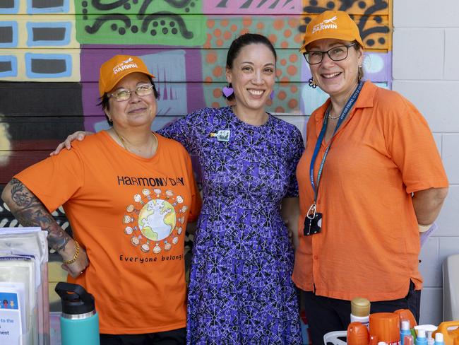 Elizabeth Szegedi, Lindey Mclanden and Jane Collins as families enjoy a day of fun and activities at a special Harmony Day celebration at the Malak Community Centre as part of the Fun Bus program. Picture: Pema Tamang Pakhrin