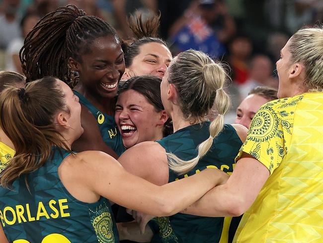 PARIS, FRANCE - AUGUST 11: Team Australia celebrate victory during the Women's Bronze Medal game between Team Belgium and Team Australia on day sixteen of the Olympic Games Paris 2024 at Bercy Arena on August 11, 2024 in Paris, France. (Photo by Sarah Stier/Getty Images)