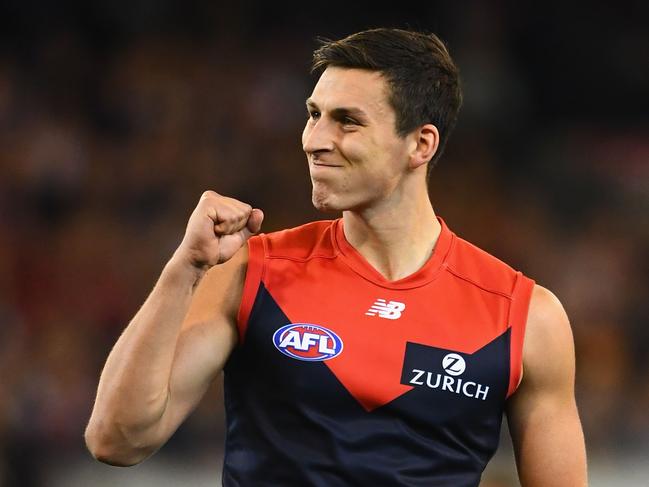 MELBOURNE, AUSTRALIA - SEPTEMBER 14:  Sam Weideman of the Demons celebrates kicking a goal during the AFL Semi Final match between the Hawthorn Hawks and the Melbourne Demons at the Melbourne Cricket Ground on September 14, 2018 in Melbourne, Australia.  (Photo by Quinn Rooney/Getty Images)