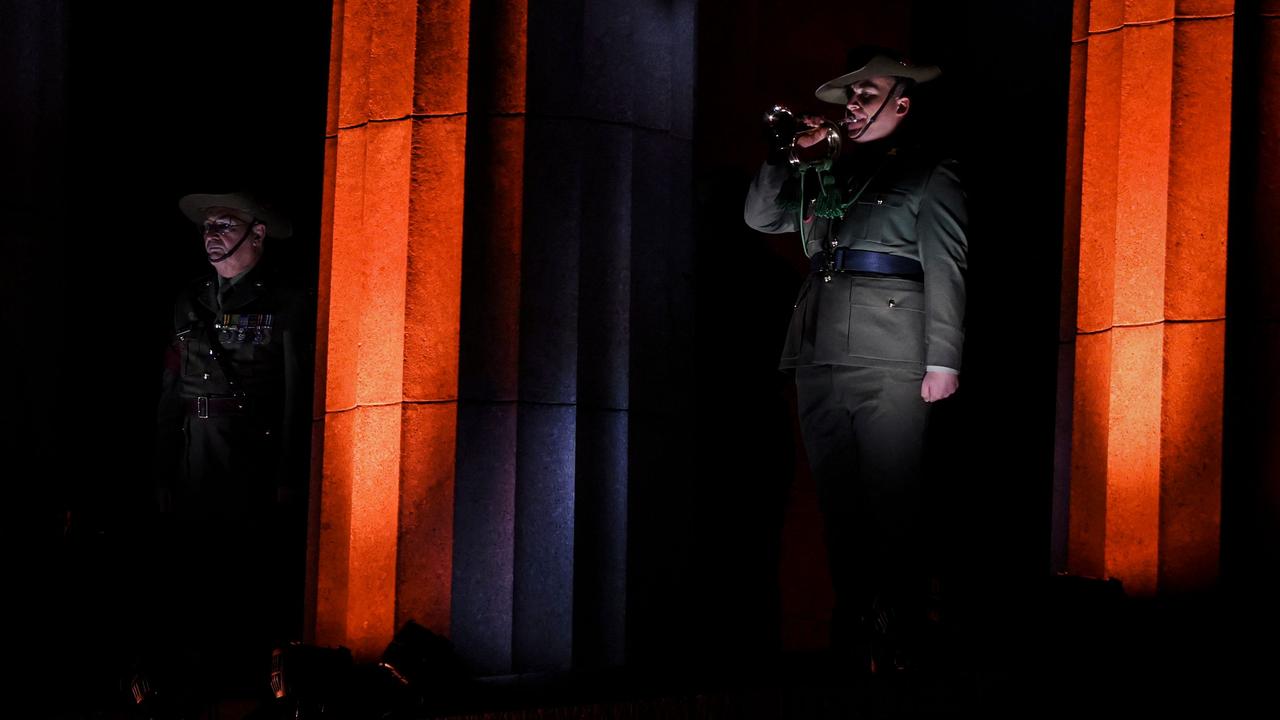 A bugler plays The Last Post during the ANZAC (Australian and New Zealand Army Corps) Day Dawn Service at Melbourne’s Shrine of Remembrance on April 25, 2024. Picture: Martin Keep/AFP