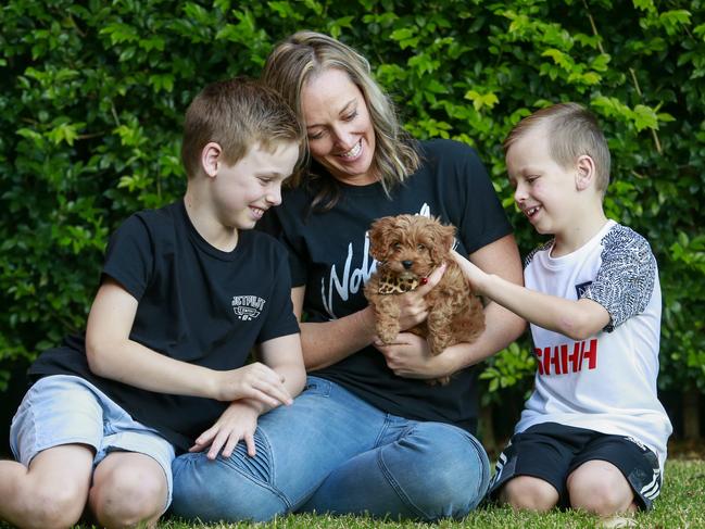 Finn, 8, Alexandra O'Keeffe, and Connor, 6, with their cavoodle puppy Billie-Rose at home. Picture: Justin Lloyd.